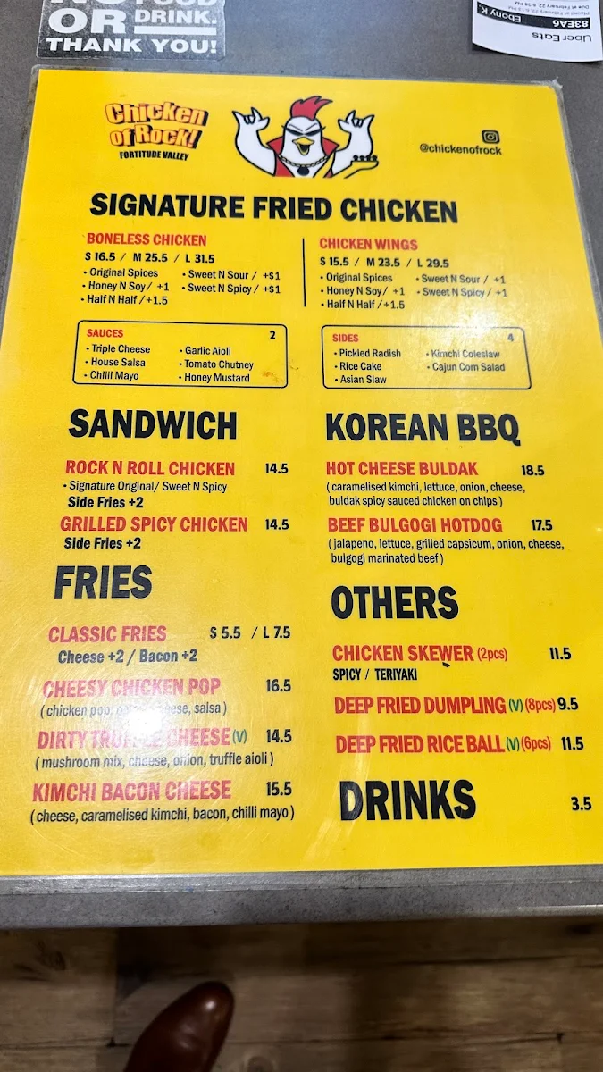 Menu, chicken of rock