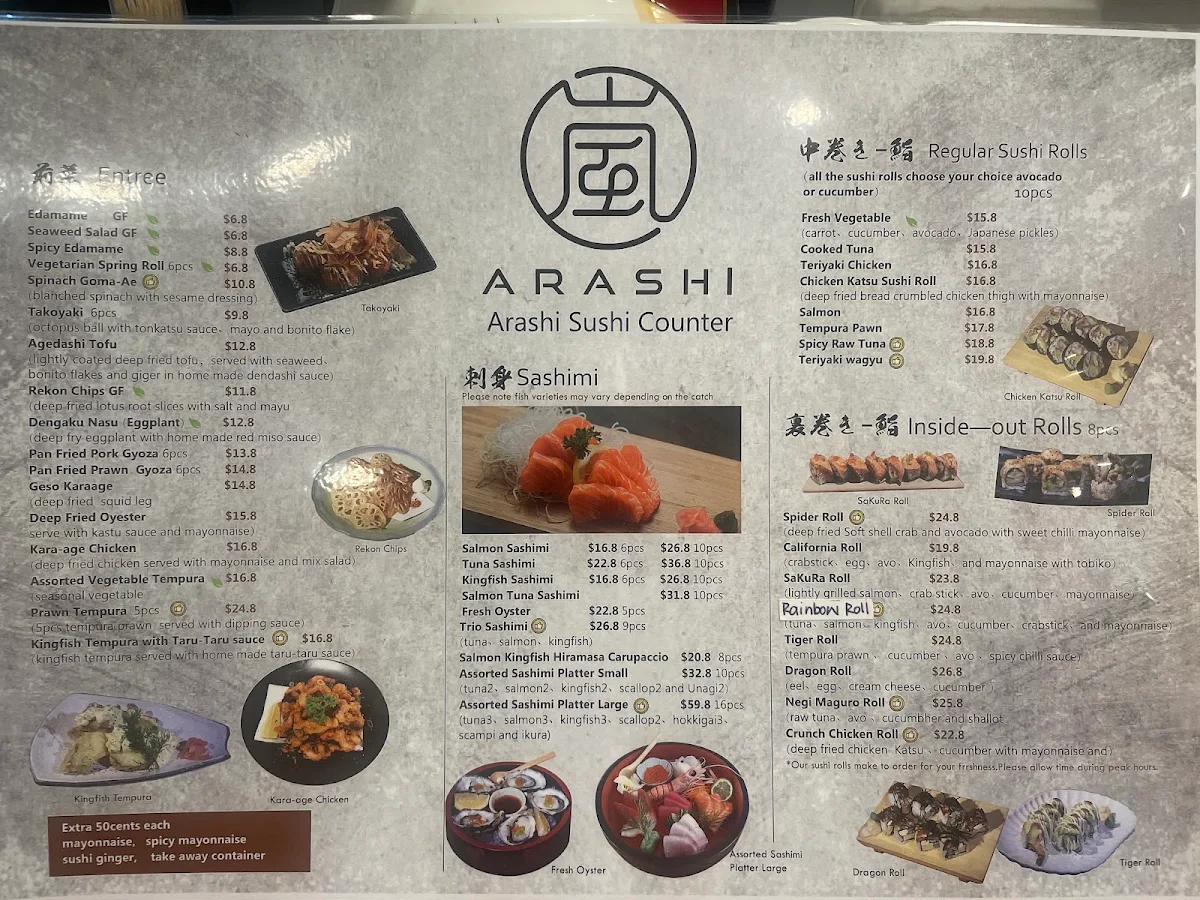 Menu, Arashi Sushi Counter