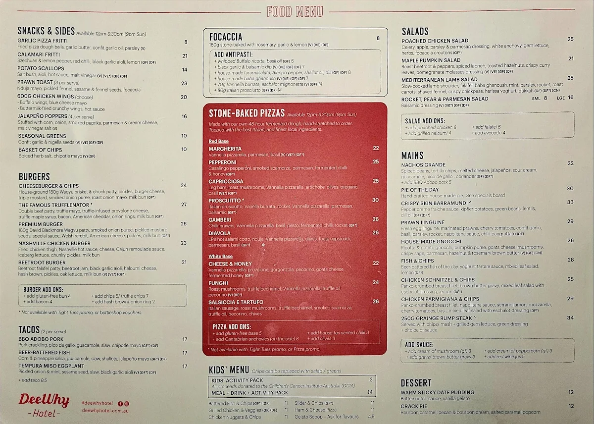 Menu, Dee Why Hotel