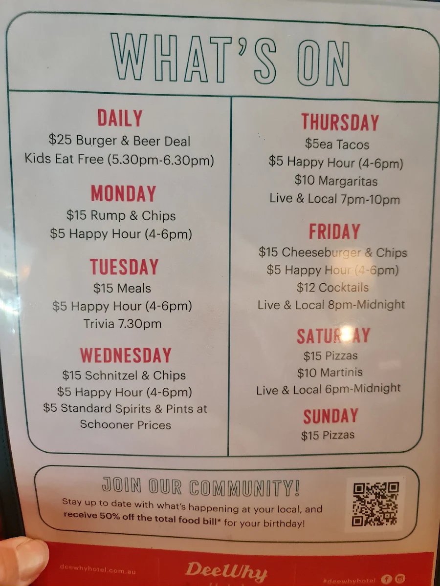 Menu, Dee Why Hotel