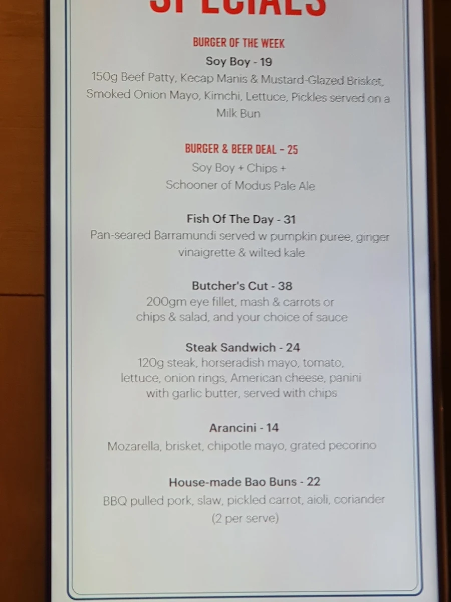 Menu, Dee Why Hotel