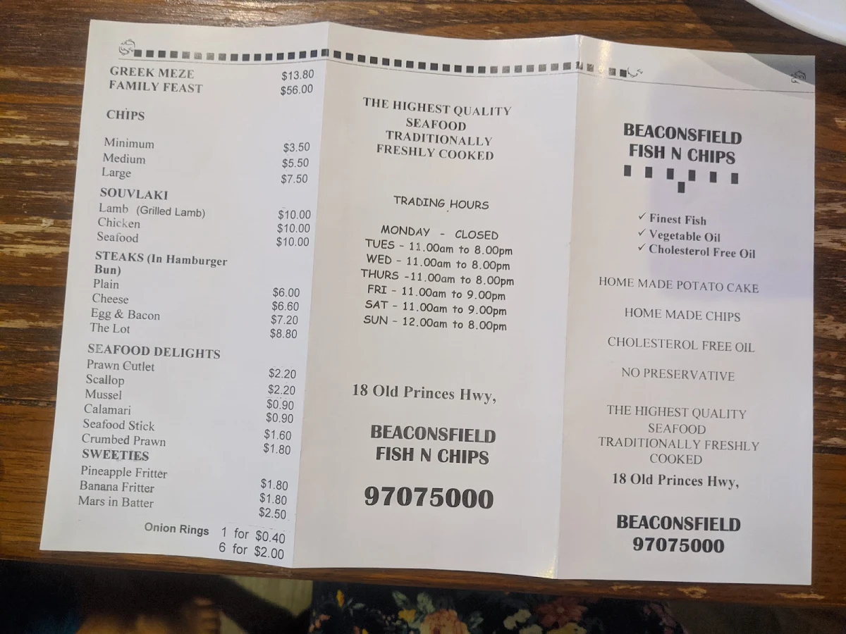 Menu, Beaconsfield Fish n Chips