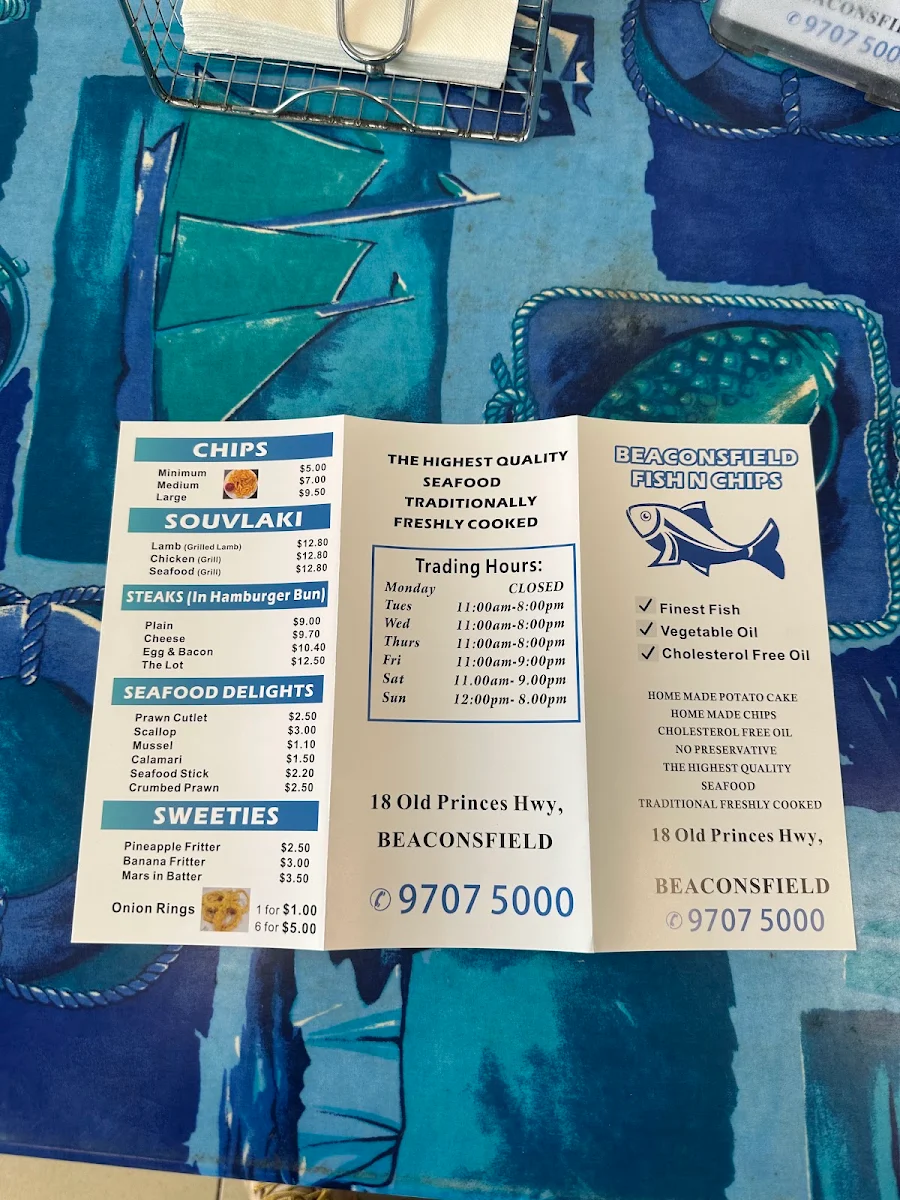 Menu, Beaconsfield Fish n Chips