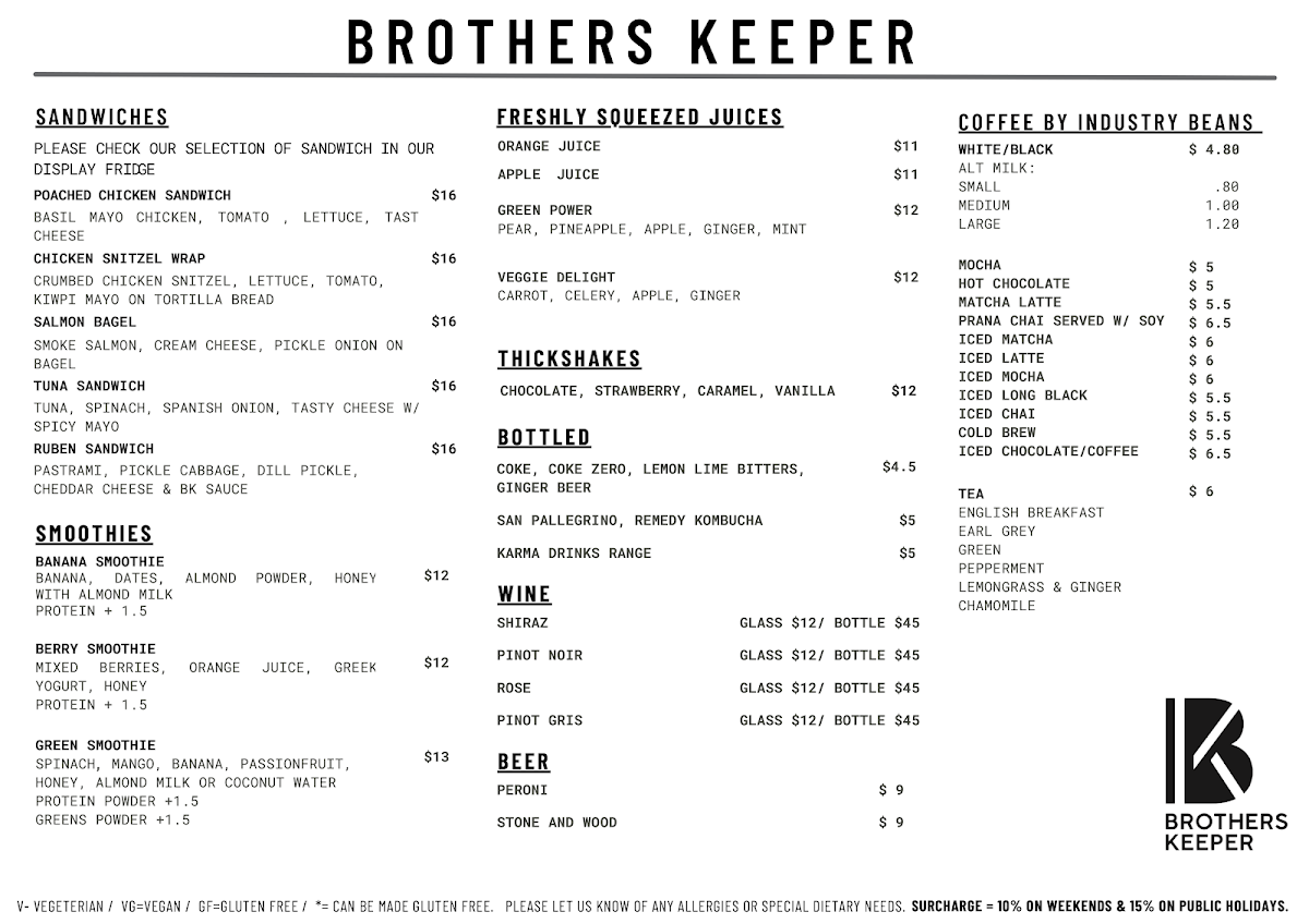 Menu, Brothers Keeper Cafe