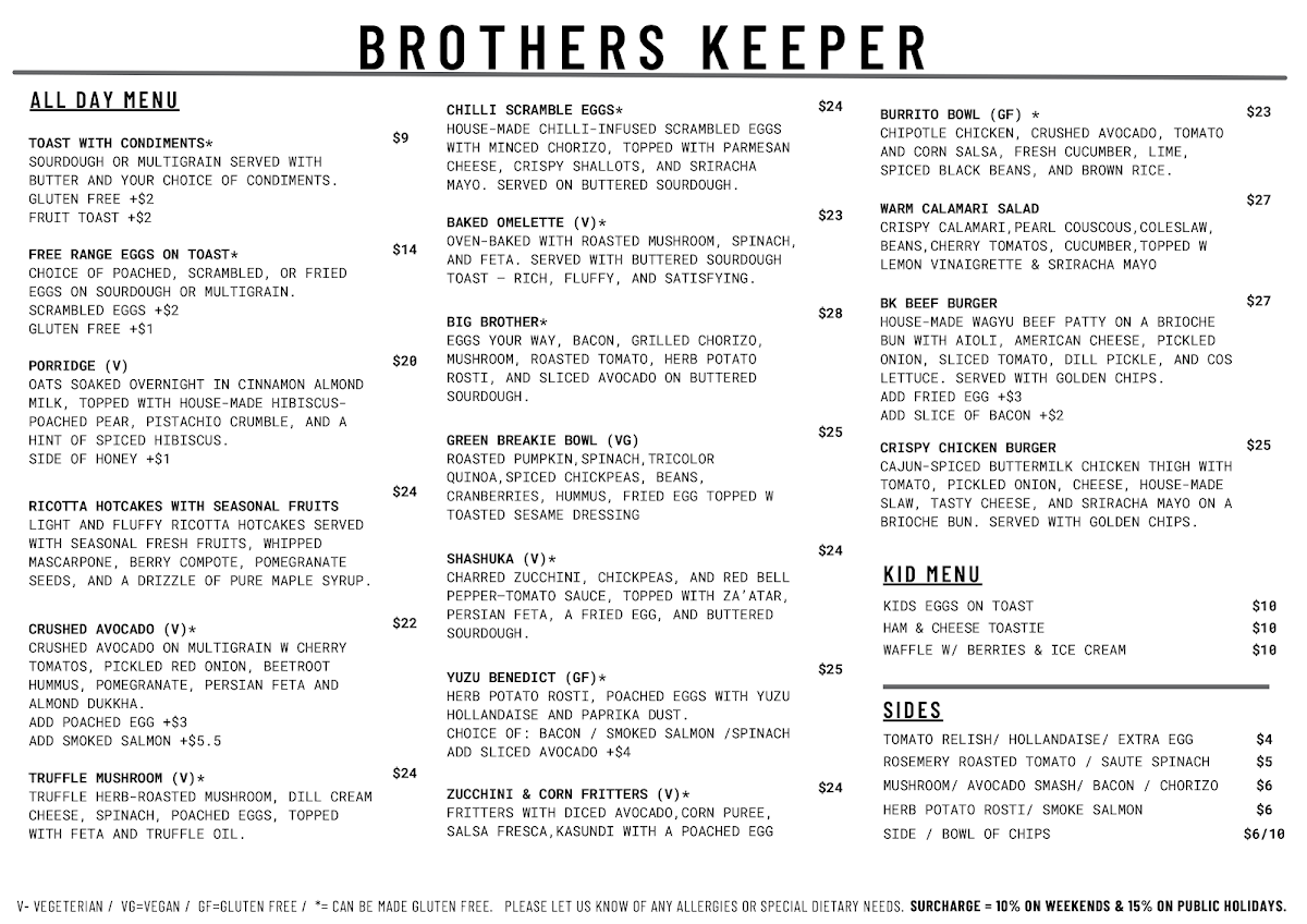 Menu, Brothers Keeper Cafe