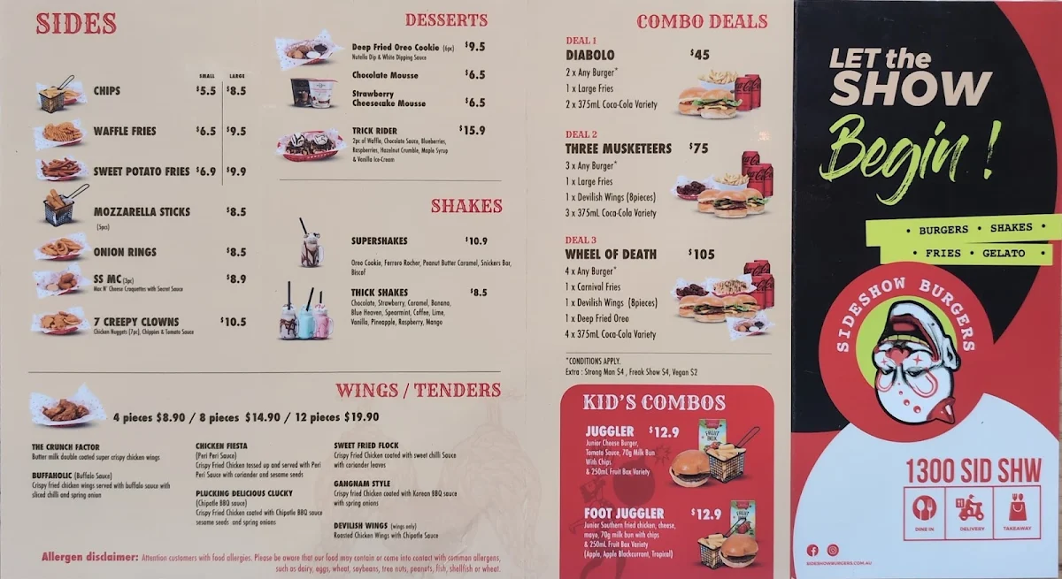 Menu, Sideshow Burgers Seddon