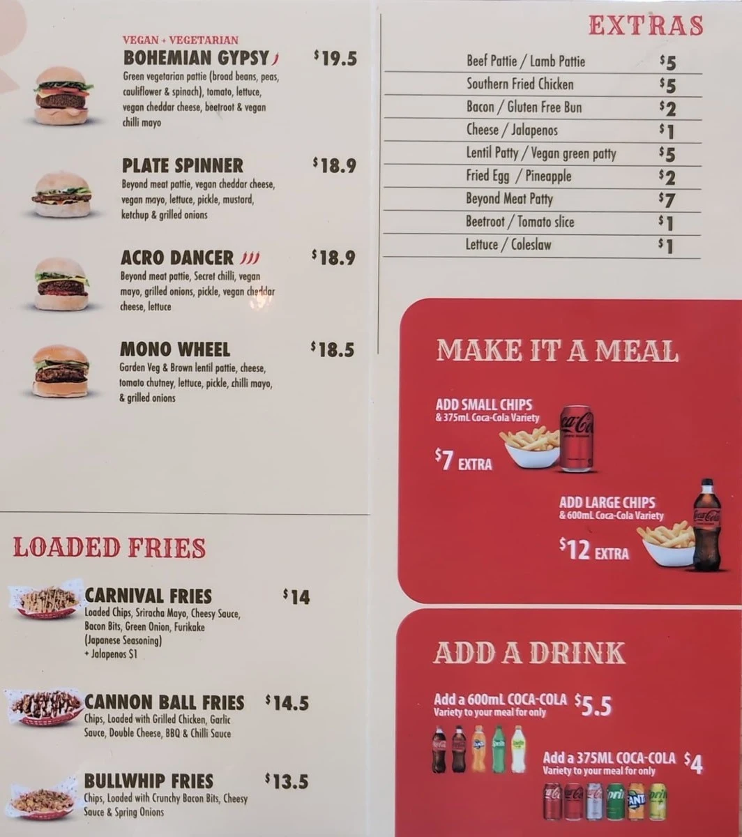 Menu, Sideshow Burgers Seddon