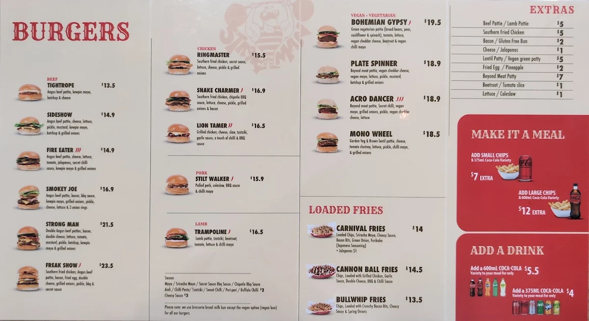 Menu, Sideshow Burgers Seddon