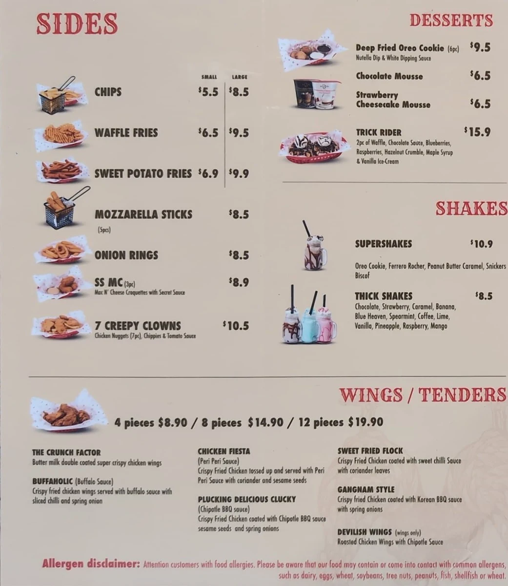 Menu, Sideshow Burgers Seddon
