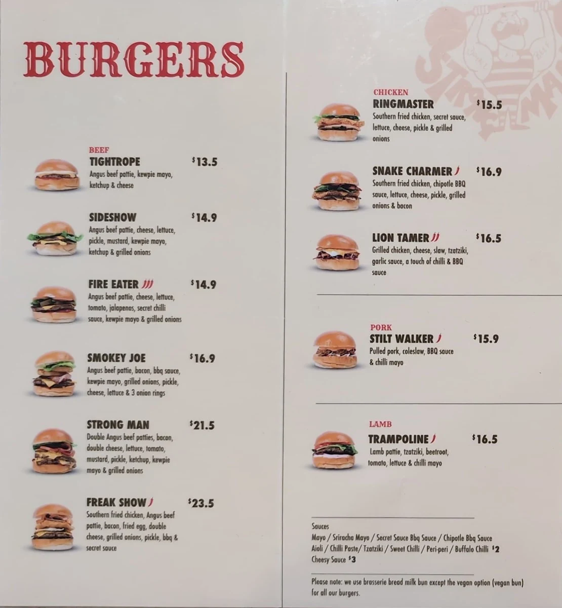 Menu, Sideshow Burgers Seddon