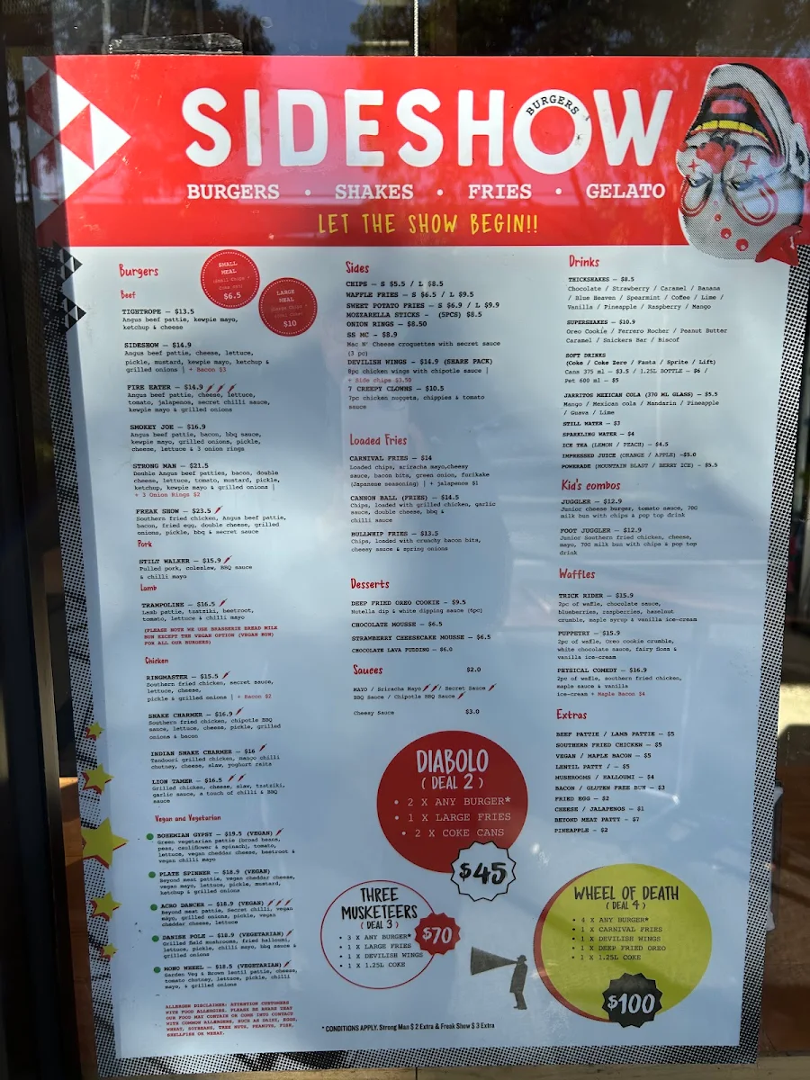 Menu, Sideshow Burgers Seddon