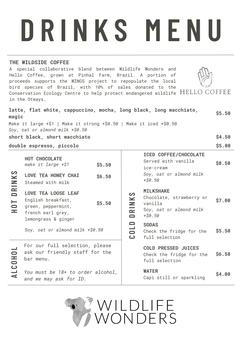 Menu, Emu Cafe at Wildlife Wonders