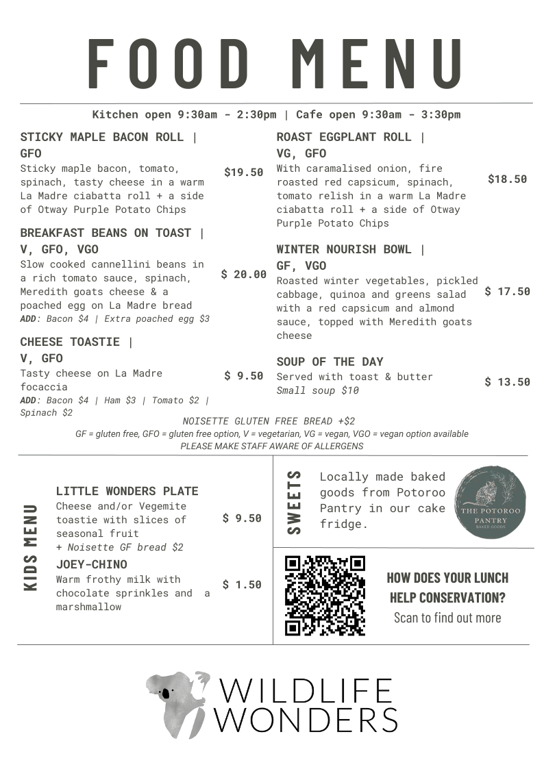 Menu, Emu Cafe at Wildlife Wonders