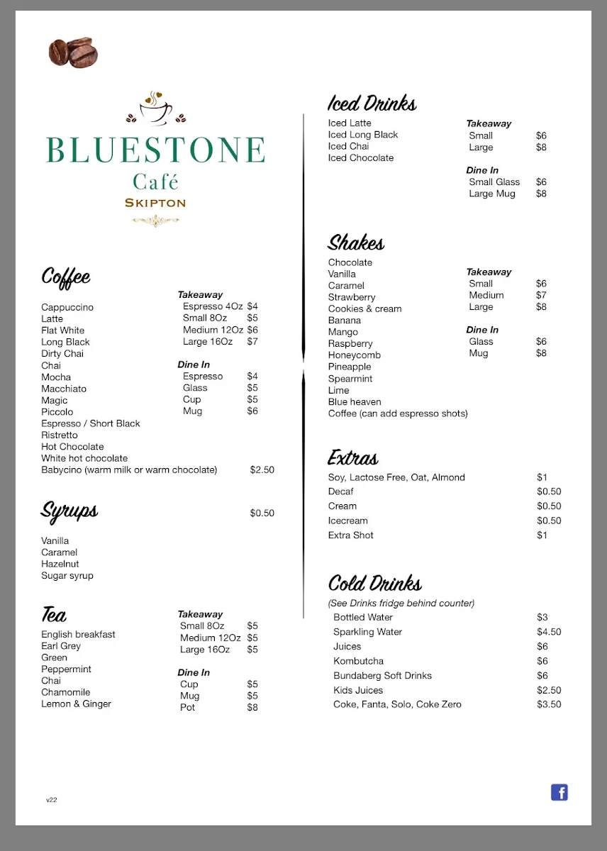 Menu, Bluestone Cafe Skipton