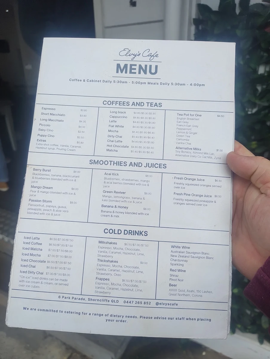 Menu, Elvy's Cafe