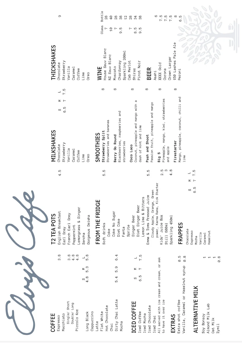 Menu, Elvy's Cafe