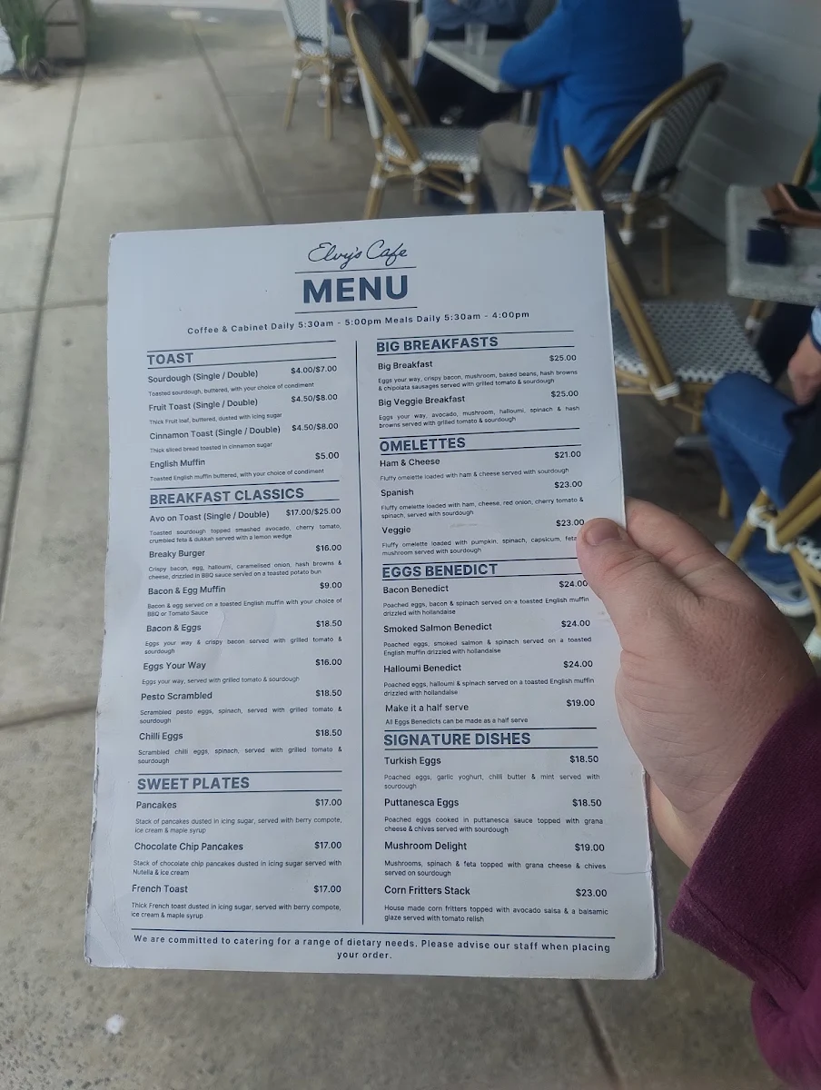 Menu, Elvy's Cafe