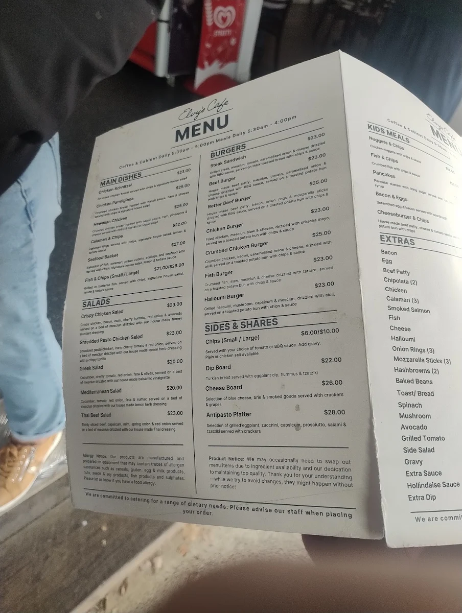 Menu, Elvy's Cafe