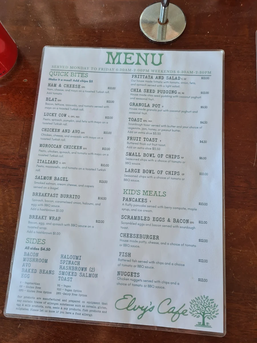 Menu, Elvy's Cafe