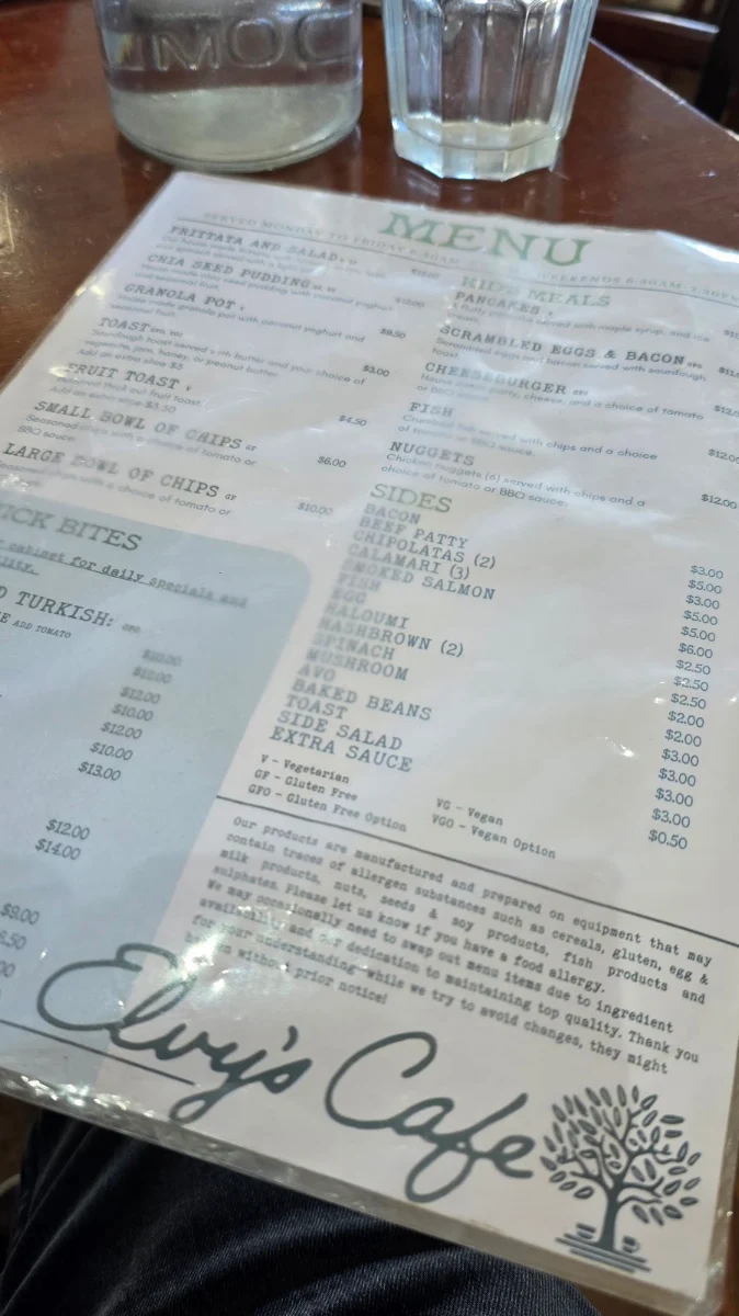 Menu, Elvy's Cafe