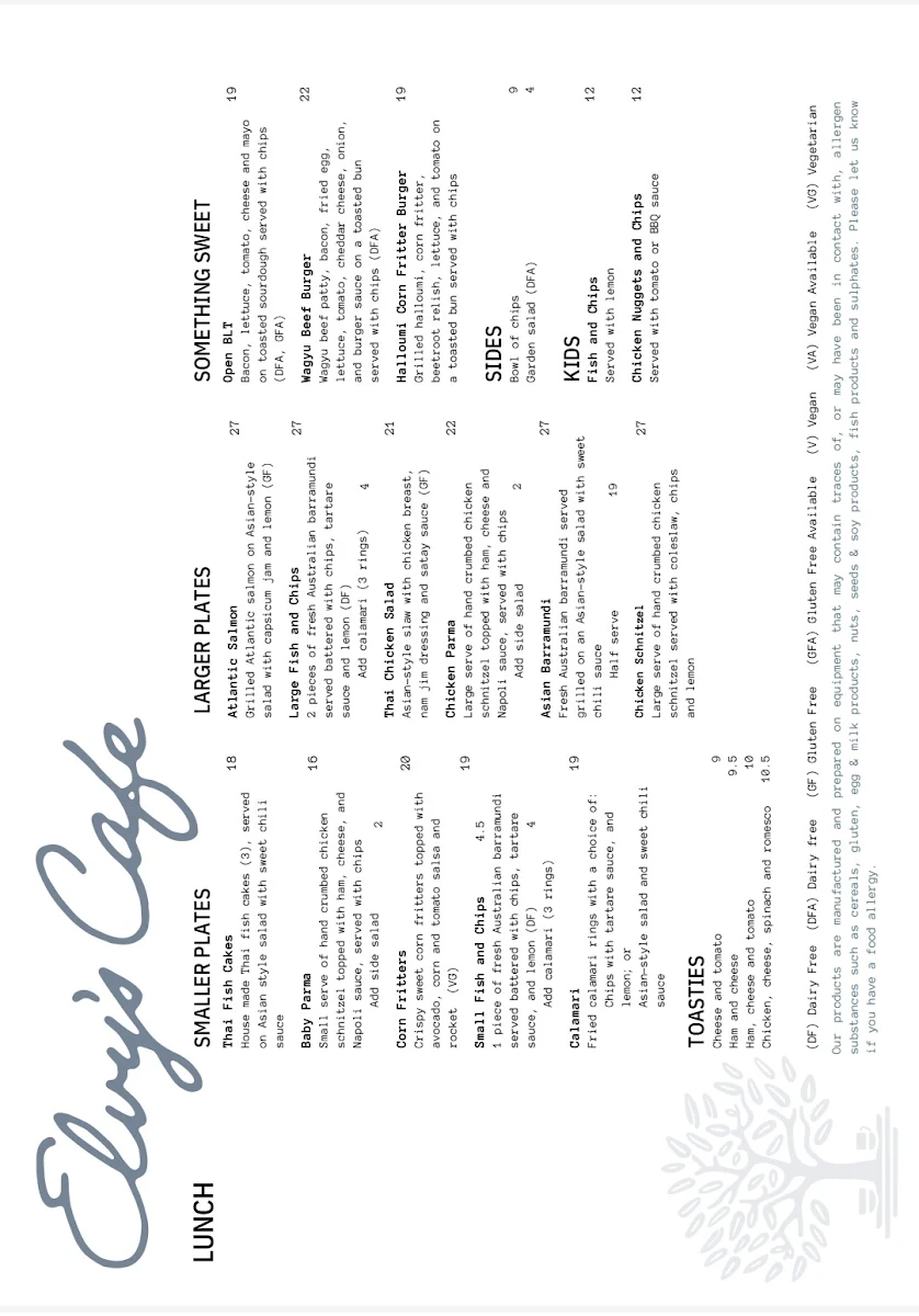 Menu, Elvy's Cafe