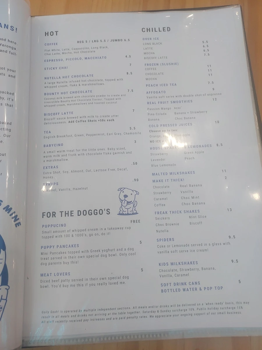 Menu, Golly Gosh!