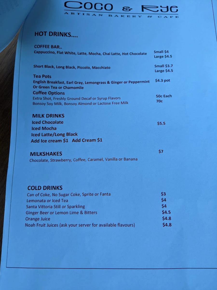 Menu, Coco & Rye Artisan Bakery & Café