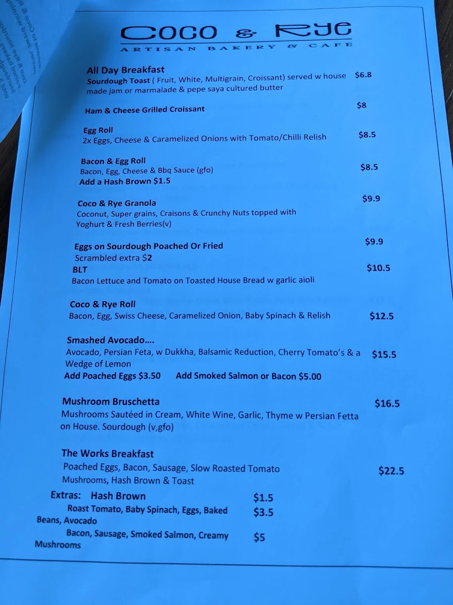 Menu, Coco & Rye Artisan Bakery & Café