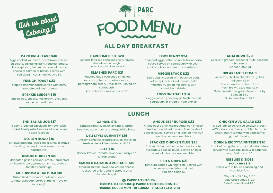 Menu, Parc Cafe Kitchen