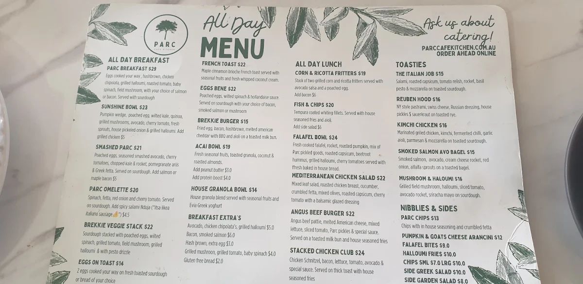 Menu, Parc Cafe Kitchen