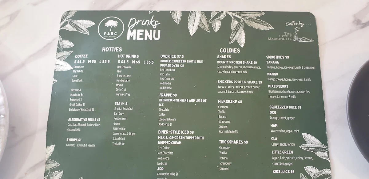 Menu, Parc Cafe Kitchen