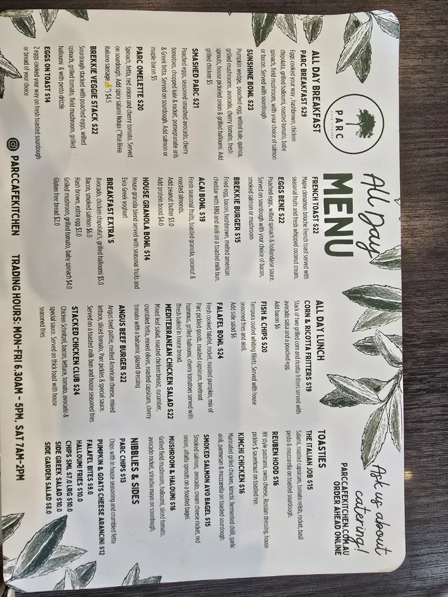 Menu, Parc Cafe Kitchen