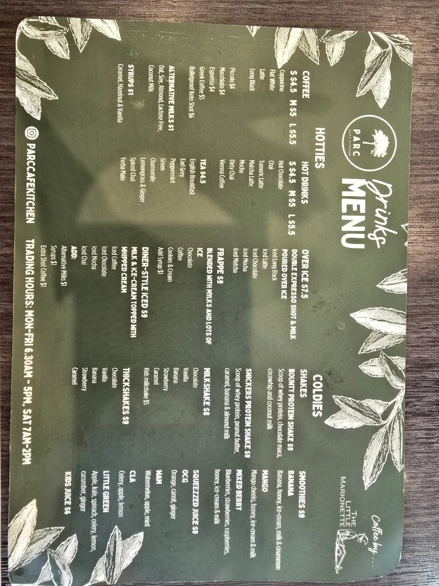 Menu, Parc Cafe Kitchen