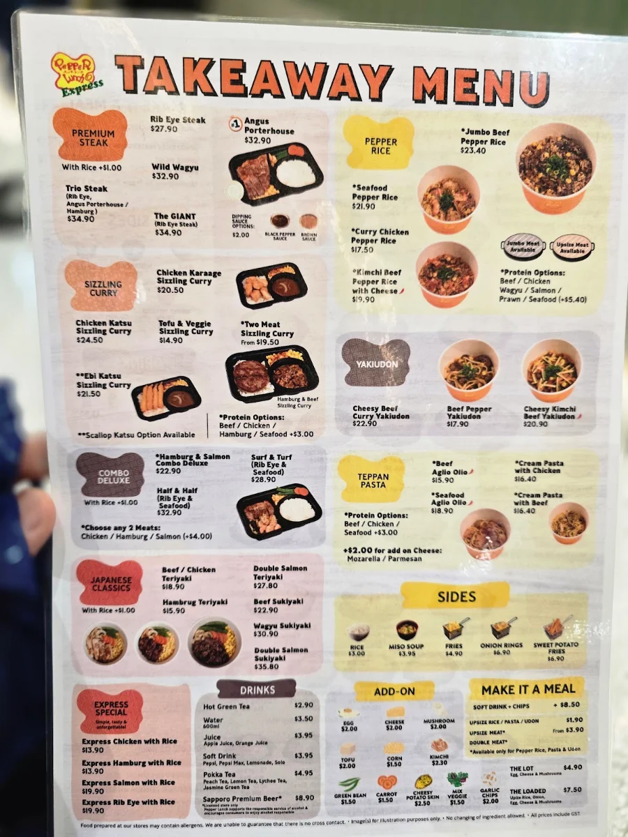 Menu, Pepper Lunch Express City Cross Adelaide