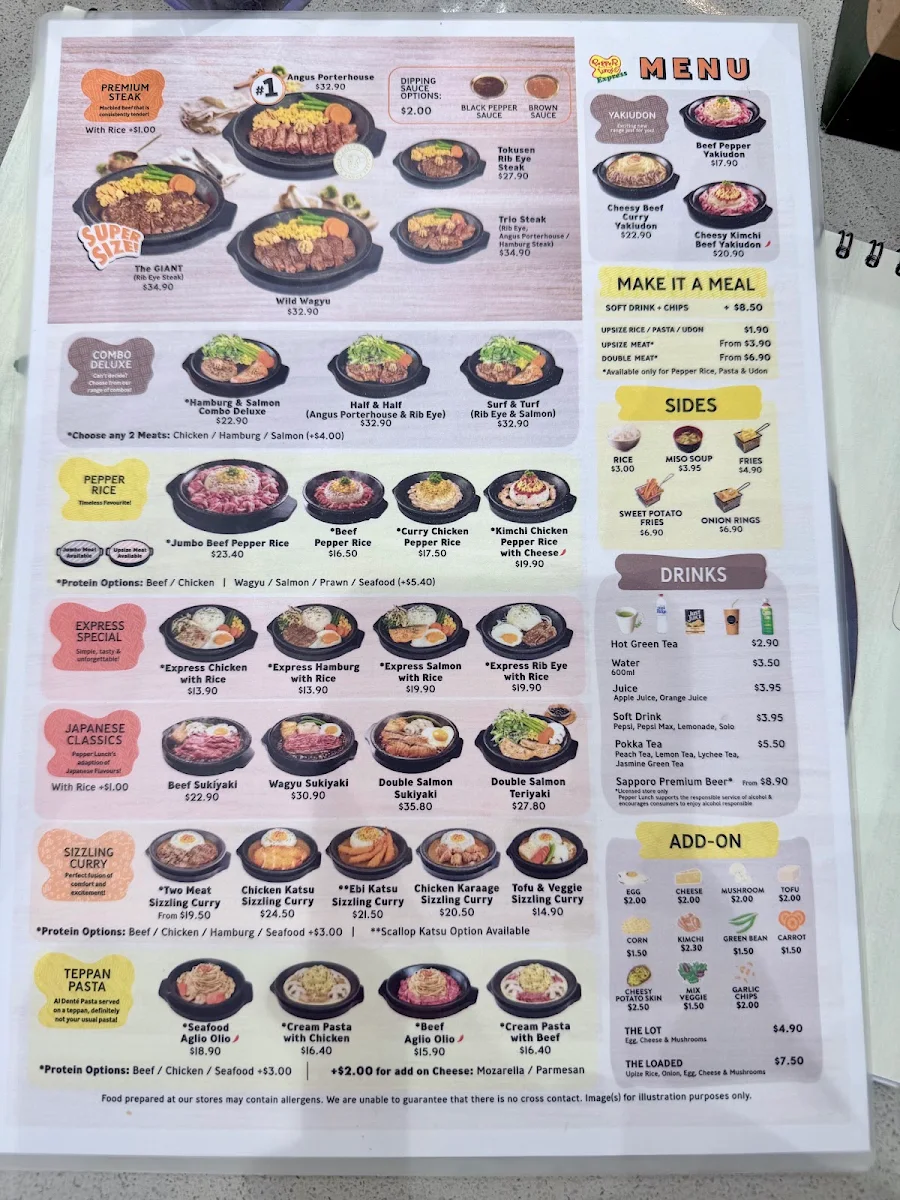 Menu, Pepper Lunch Express City Cross Adelaide
