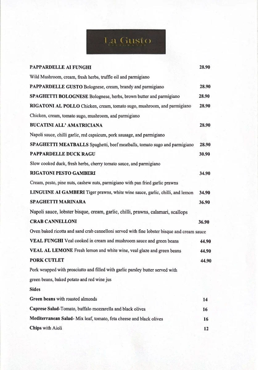 Menu, La Gusto Ristorante