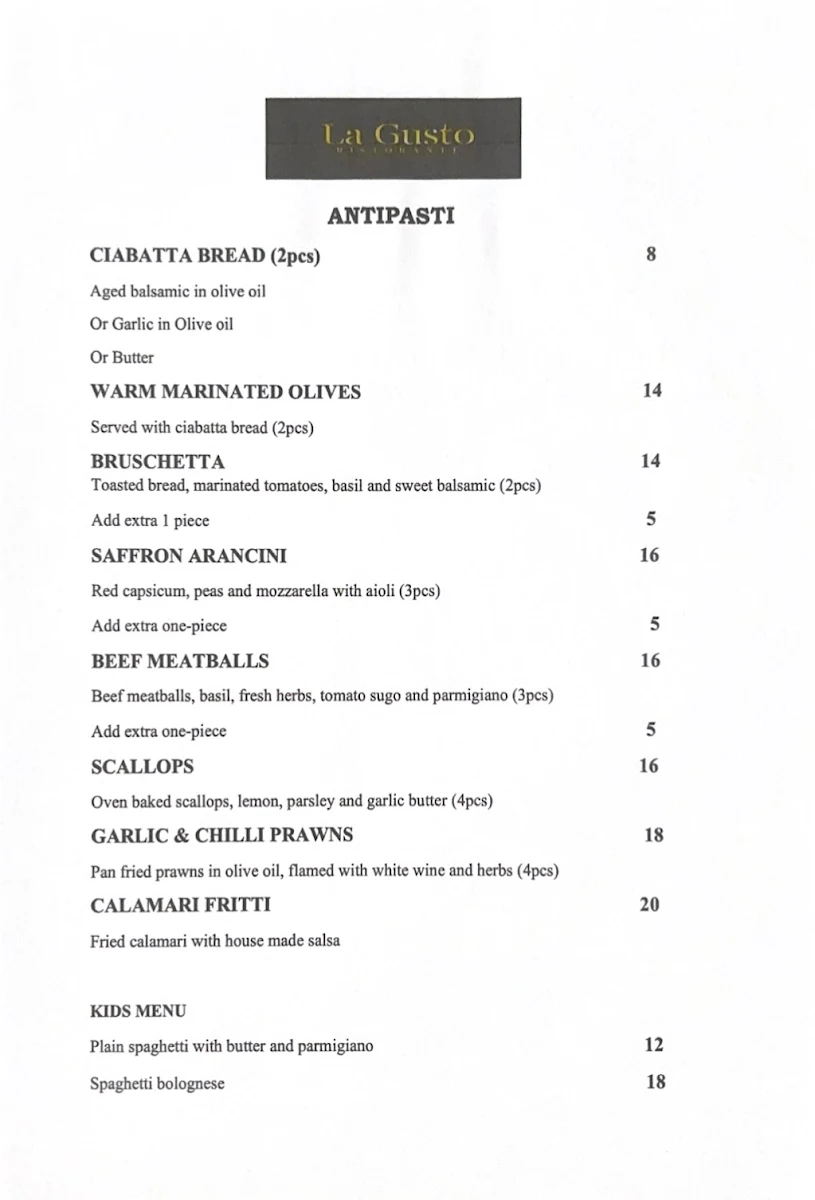 Menu, La Gusto Ristorante