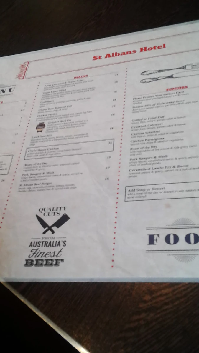 Menu, St Albans Hotel