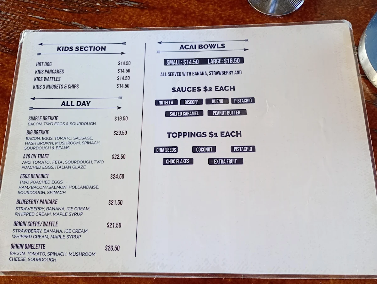 Menu, Origin Cafe & Kebabs
