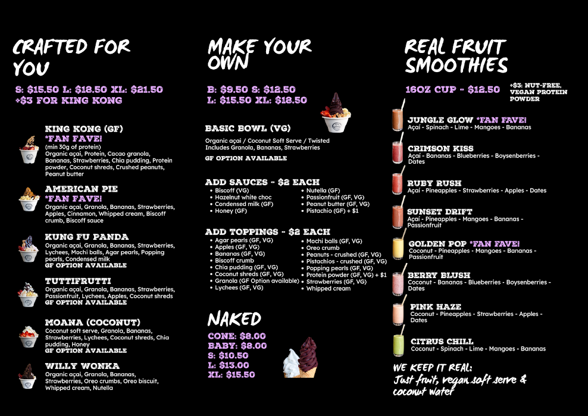 Menu, The Acai Factory