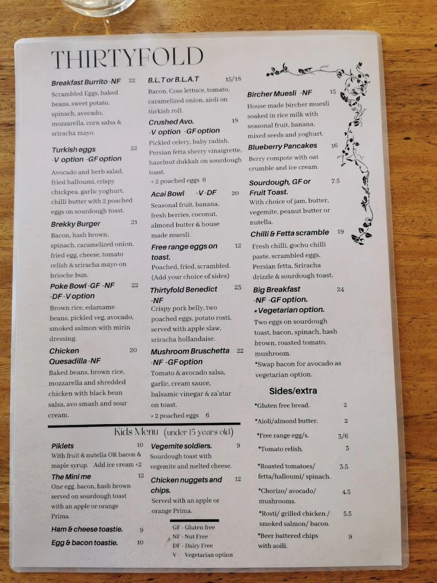 Menu, Thirtyfold Cafe