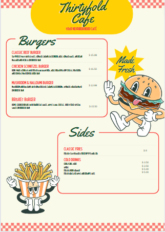 Menu, Thirtyfold Cafe