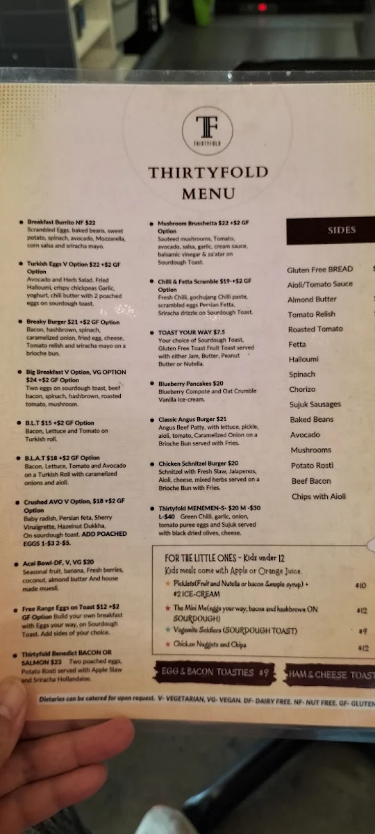 Menu, Thirtyfold Cafe