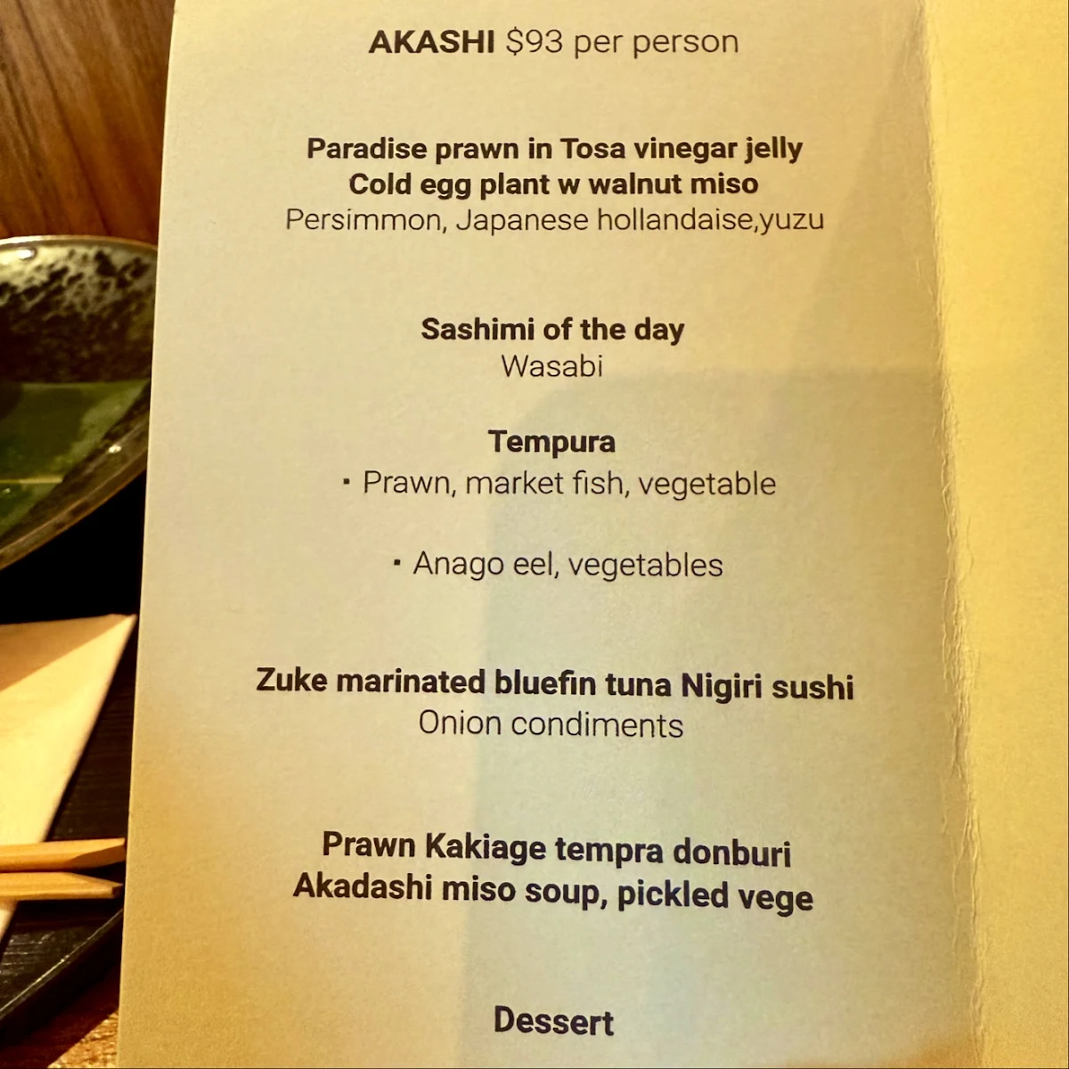 Menu, Dining AKASHI