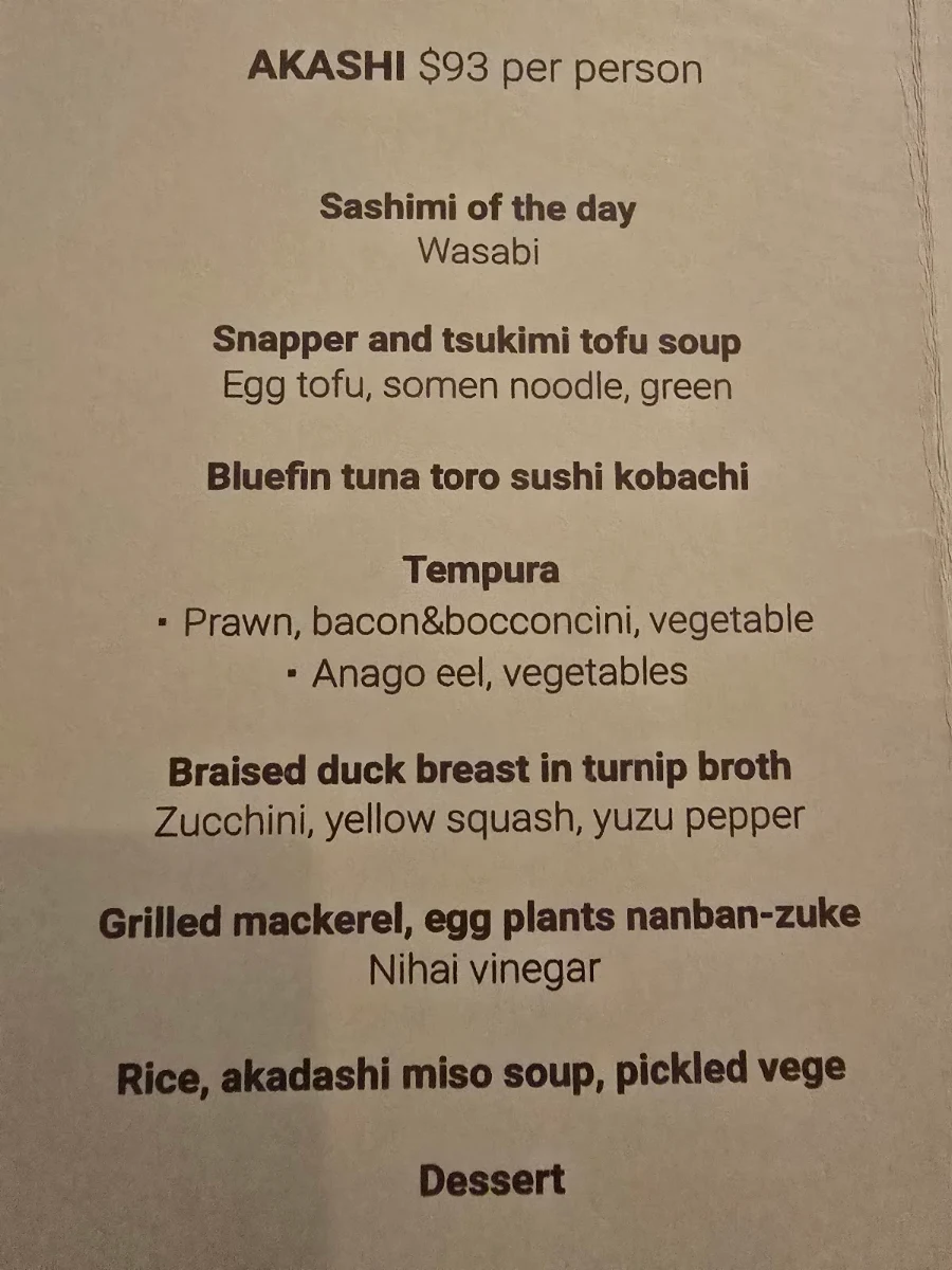 Menu, Dining AKASHI