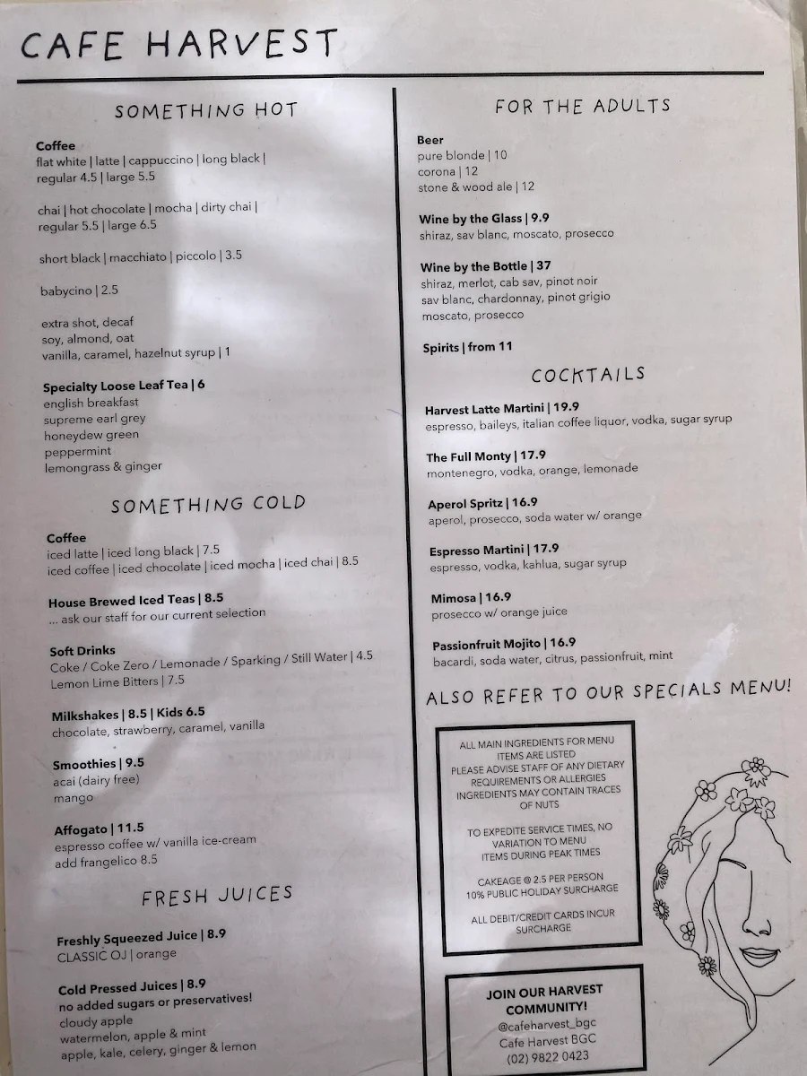 Menu, Cafe Harvest