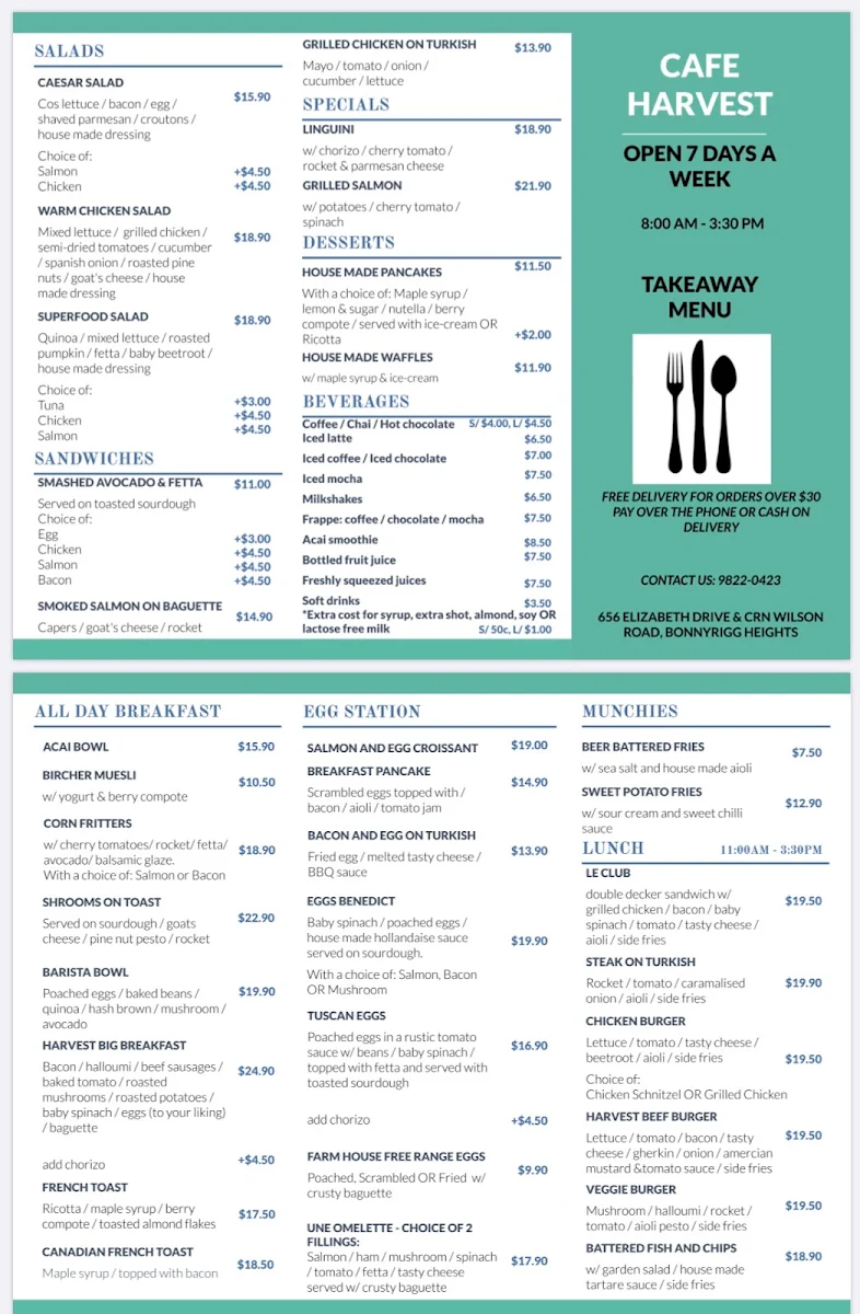 Menu, Cafe Harvest