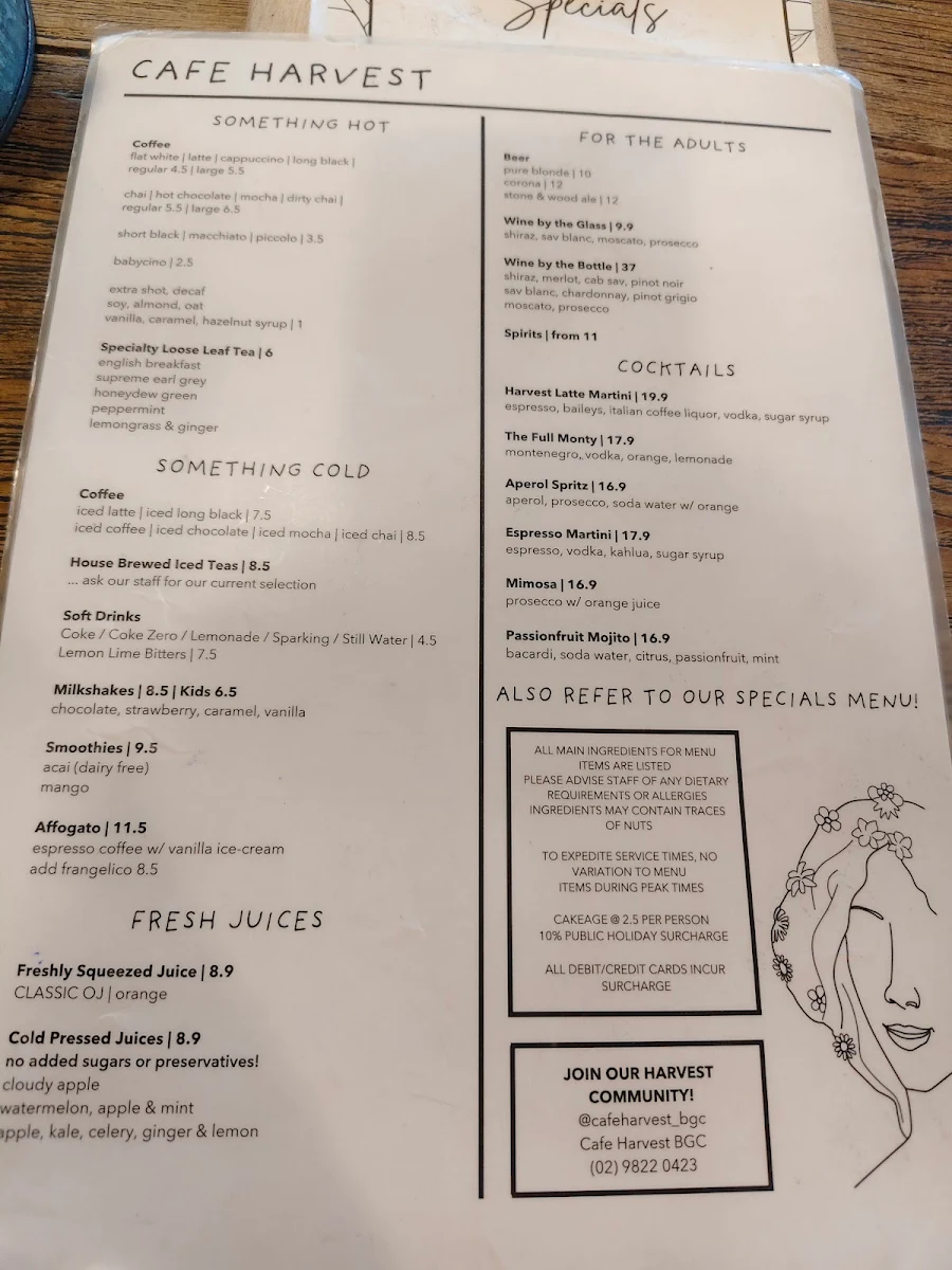 Menu, Cafe Harvest