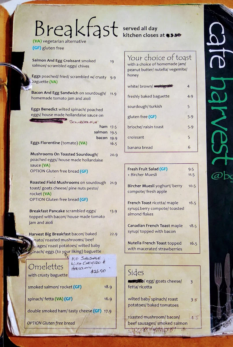 Menu, Cafe Harvest