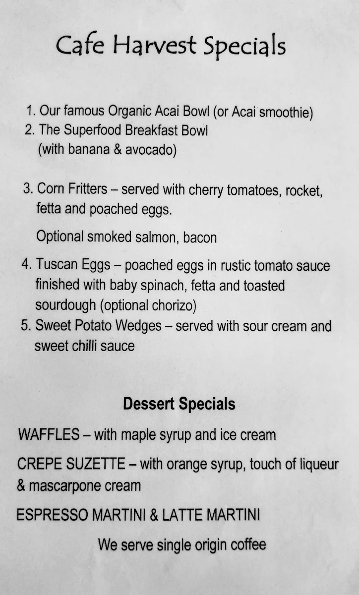 Menu, Cafe Harvest